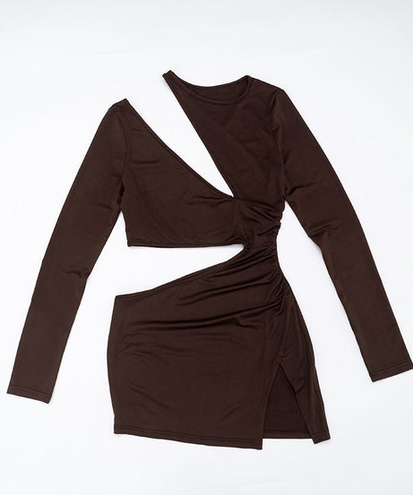 Sultry Mocha Cut-Out Bodycon Mini Dress - Fall Nights & Party Ready