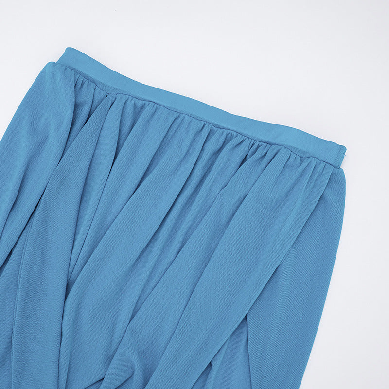 Ocean Breeze Sky Blue Draped Two-Piece Set | One-Shoulder Crop Top & Ruched Mini Skirt | Resort & Party Ready