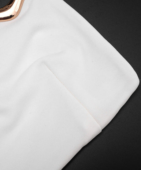 Ethereal White Off-Shoulder Maxi Dress: Bell Sleeves & Luxe Gold Neck Detail for Holiday Events