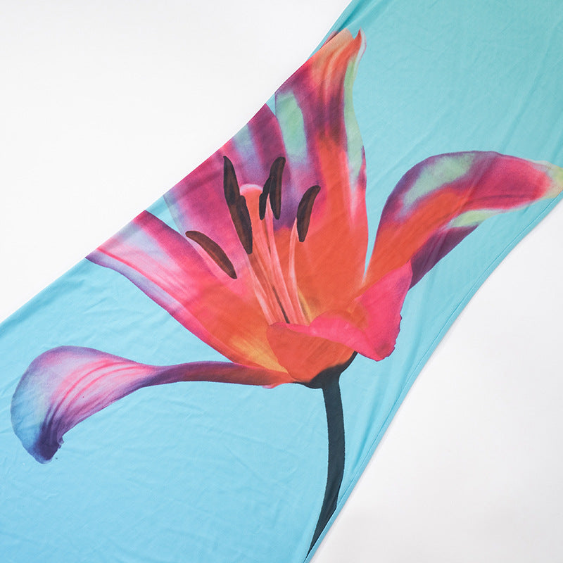 Tropical Bloom Sheer Mesh Maxi Dress - Ruffle V-Neck & Flared Sleeves for Your Warm Weather Escape