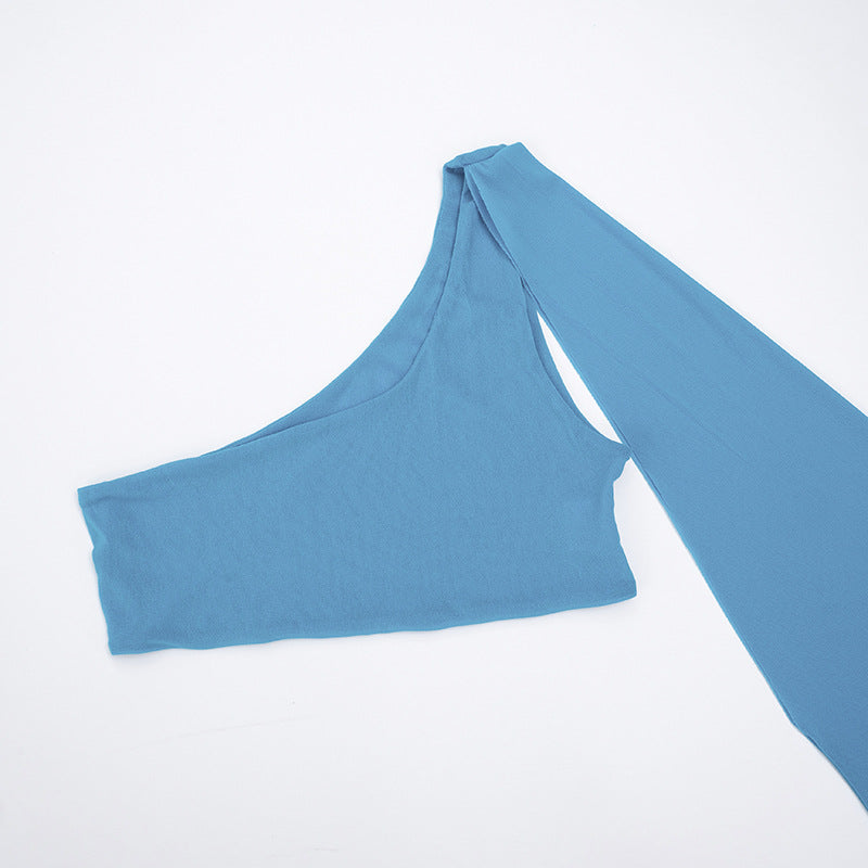 Ocean Breeze Sky Blue Draped Two-Piece Set | One-Shoulder Crop Top & Ruched Mini Skirt | Resort & Party Ready