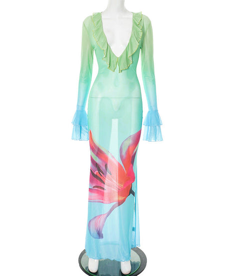 Tropical Bloom Sheer Mesh Maxi Dress - Ruffle V-Neck & Flared Sleeves for Your Warm Weather Escape