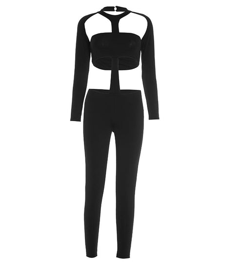 Sultry Black Cut-Out Long Sleeve Bodycon Jumpsuit - Fall & Halloween Party Ready