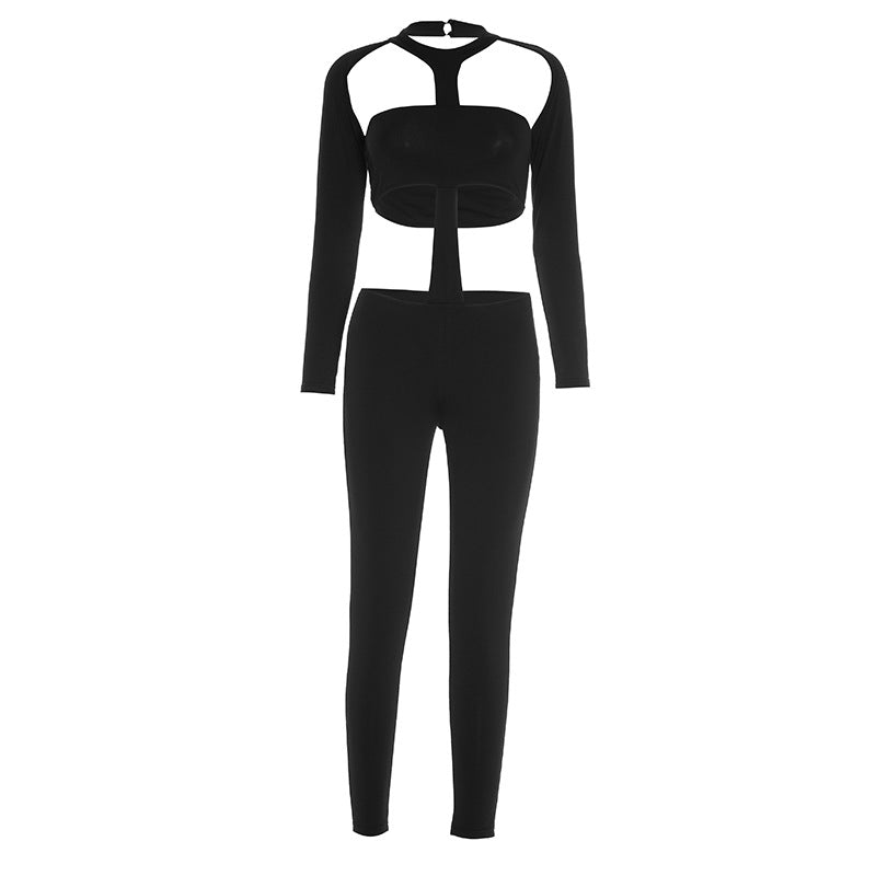 Sultry Black Cut-Out Long Sleeve Bodycon Jumpsuit - Fall & Halloween Party Ready