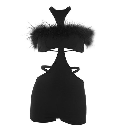 Daring Black Feather Trim Cutout Romper - Slay Your Halloween & Holiday Nights