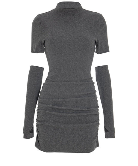 Sleek Mock Neck Ruched Mini Dress with Detached Arm Sleeves - Chic Fall Party & Date Night Essential