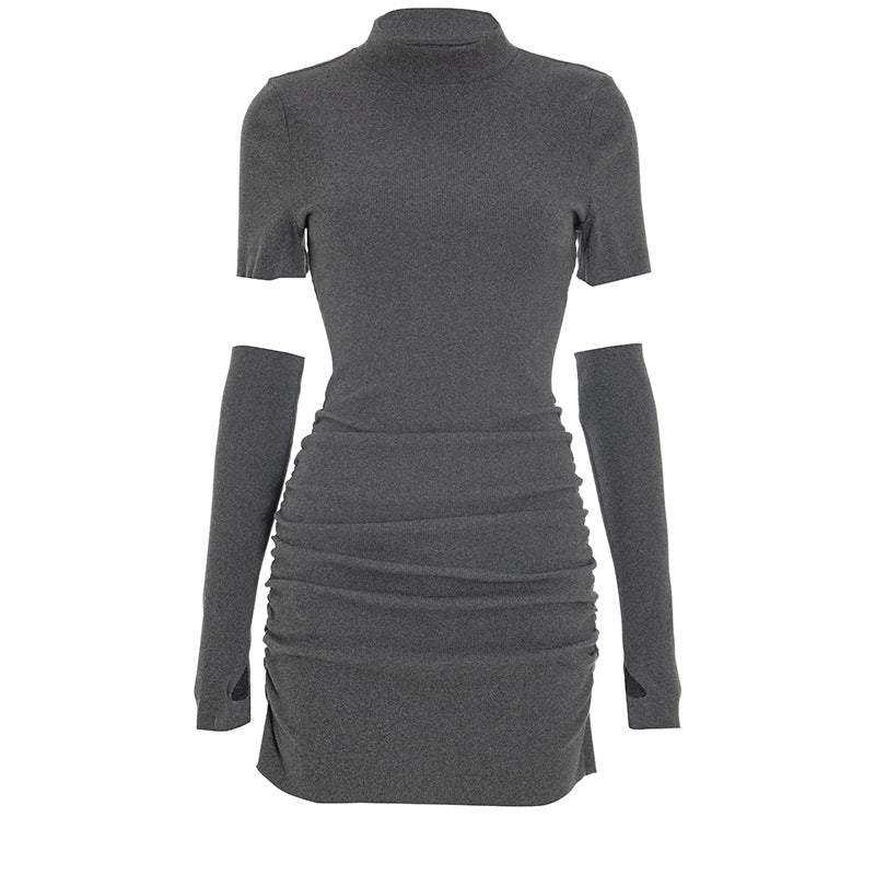 Sleek Mock Neck Ruched Mini Dress with Detached Arm Sleeves - Chic Fall Party & Date Night Essential