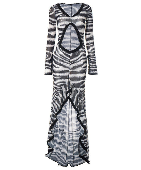 Untamed Glamour: Zebra Print Sheer Cut-Out Maxi Dress - Daring Ruffles & Slit for Fall Parties & Resort Getaways