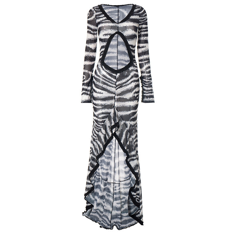 Untamed Glamour: Zebra Print Sheer Cut-Out Maxi Dress - Daring Ruffles & Slit for Fall Parties & Resort Getaways