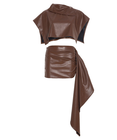 Fall Luxe Faux Leather Asymmetric Drape Mini Skirt & Crop Top Set - The Ultimate Chic 2-Piece Outfit