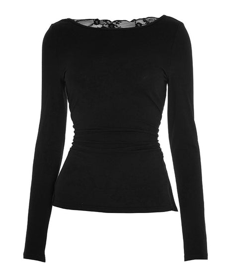 Chic & Cozy: Black Ruched Long Sleeve Top with Delicate Lace Neckline – Perfect for Fall