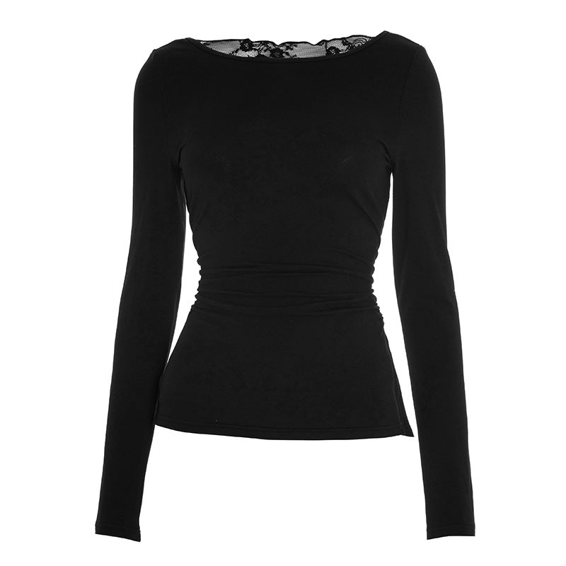 Chic & Cozy: Black Ruched Long Sleeve Top with Delicate Lace Neckline – Perfect for Fall