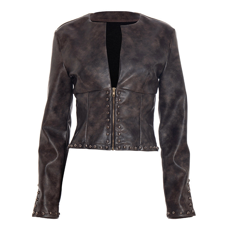 Women's Edgy Studded Faux Leather Cropped Moto Jacket - Fall Statement Piece