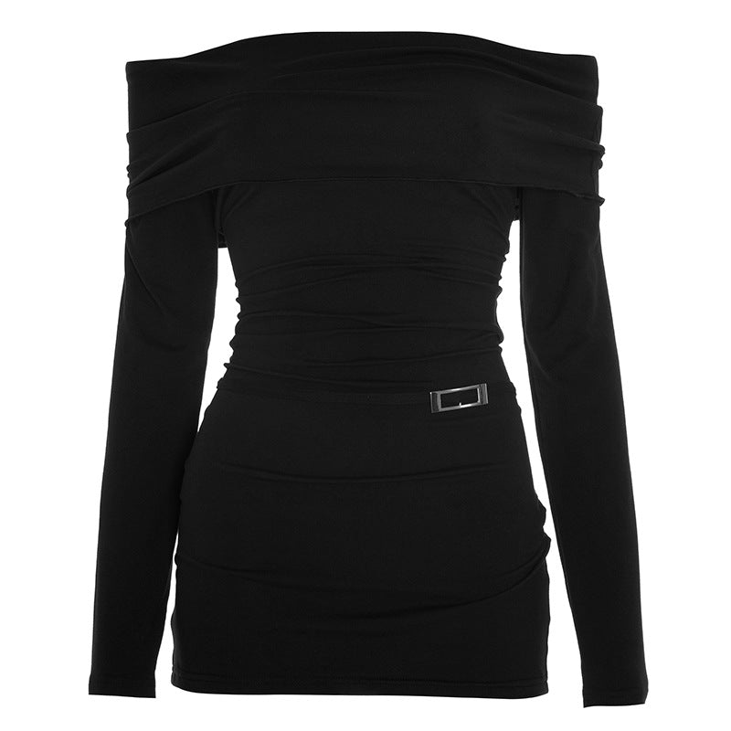 Sultry Black Off-Shoulder Ruched Mini Dress with Modern Buckle – Your Go-To for Fall Nights & Holiday Events