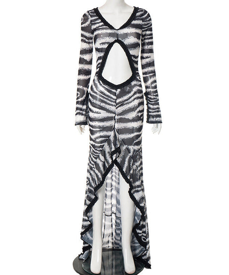 Untamed Glamour: Zebra Print Sheer Cut-Out Maxi Dress - Daring Ruffles & Slit for Fall Parties & Resort Getaways