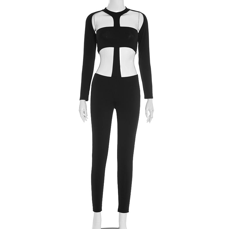 Sultry Black Cut-Out Long Sleeve Bodycon Jumpsuit - Fall & Halloween Party Ready