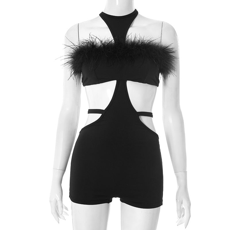 Daring Black Feather Trim Cutout Romper - Slay Your Halloween & Holiday Nights