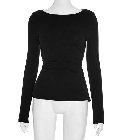 Chic & Cozy: Black Ruched Long Sleeve Top with Delicate Lace Neckline – Perfect for Fall