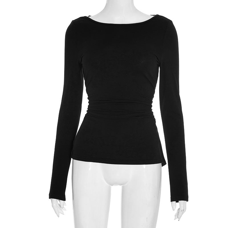 Chic & Cozy: Black Ruched Long Sleeve Top with Delicate Lace Neckline – Perfect for Fall