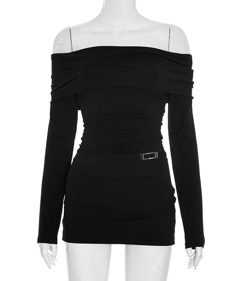 Sultry Black Off-Shoulder Ruched Mini Dress with Modern Buckle – Your Go-To for Fall Nights & Holiday Events