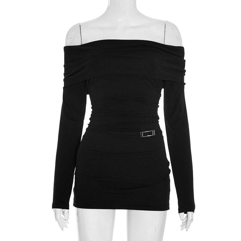 Sultry Black Off-Shoulder Ruched Mini Dress with Modern Buckle – Your Go-To for Fall Nights & Holiday Events