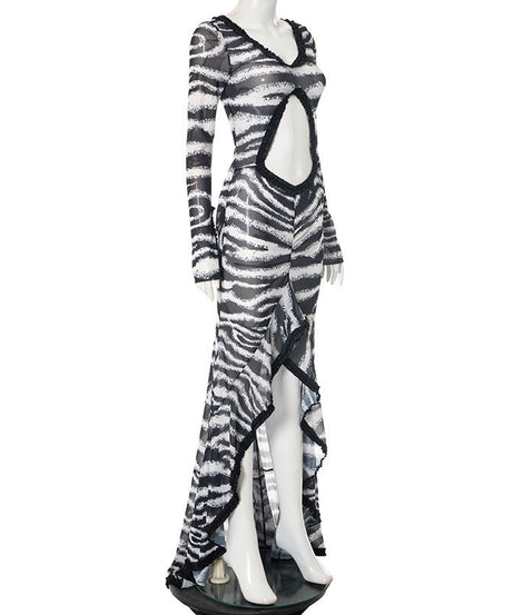 Untamed Glamour: Zebra Print Sheer Cut-Out Maxi Dress - Daring Ruffles & Slit for Fall Parties & Resort Getaways