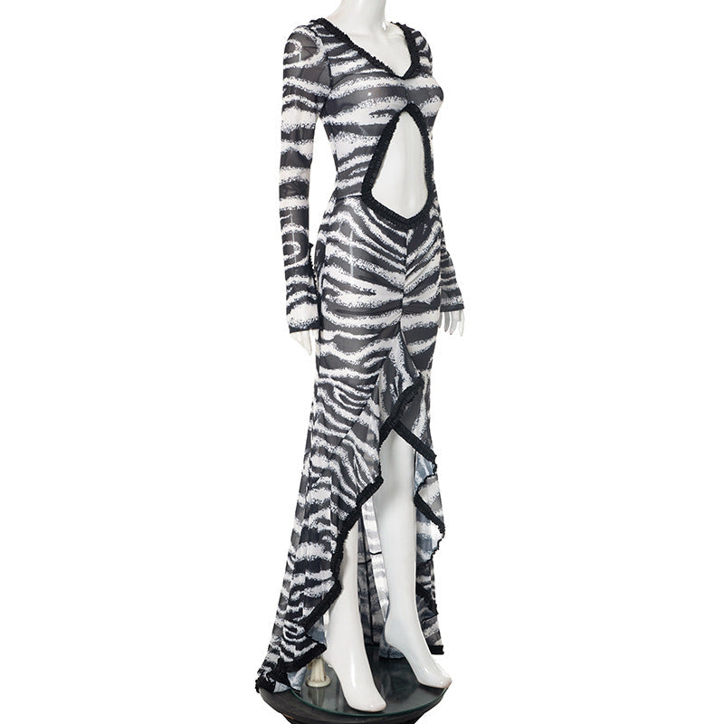 Untamed Glamour: Zebra Print Sheer Cut-Out Maxi Dress - Daring Ruffles & Slit for Fall Parties & Resort Getaways