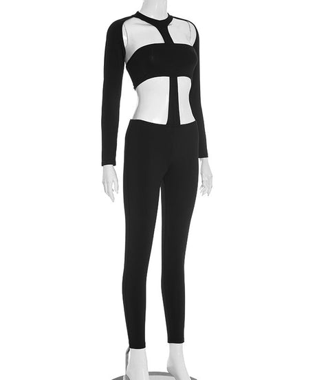 Sultry Black Cut-Out Long Sleeve Bodycon Jumpsuit - Fall & Halloween Party Ready