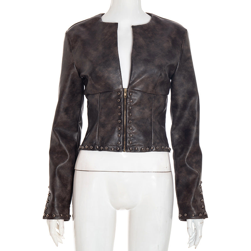 Women's Edgy Studded Faux Leather Cropped Moto Jacket - Fall Statement Piece