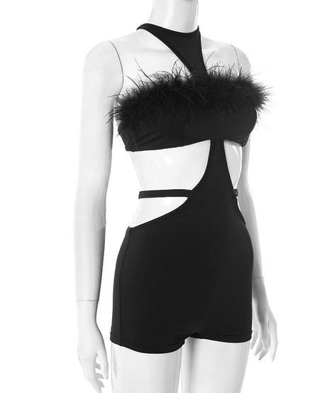 Daring Black Feather Trim Cutout Romper - Slay Your Halloween & Holiday Nights