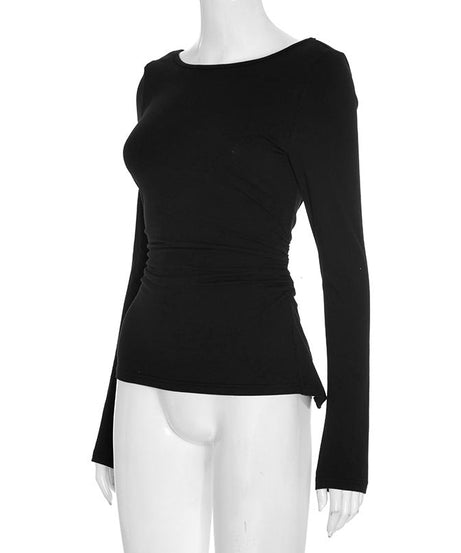 Chic & Cozy: Black Ruched Long Sleeve Top with Delicate Lace Neckline – Perfect for Fall
