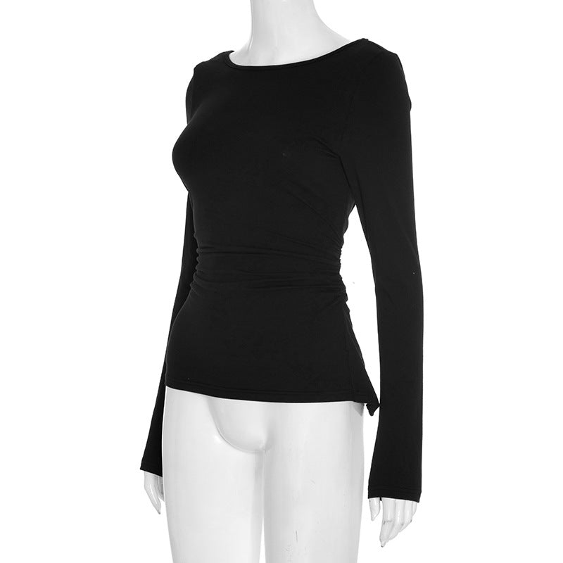 Chic & Cozy: Black Ruched Long Sleeve Top with Delicate Lace Neckline – Perfect for Fall