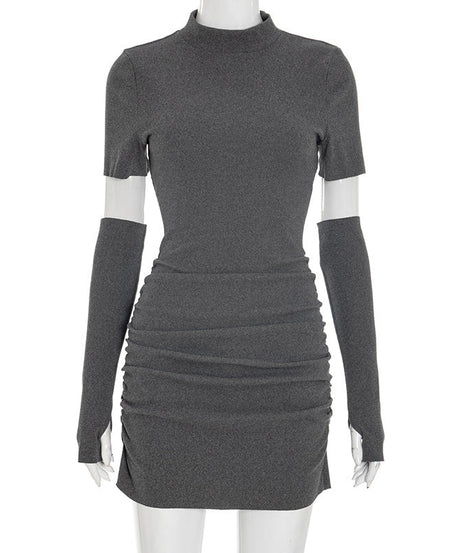 Sleek Mock Neck Ruched Mini Dress with Detached Arm Sleeves - Chic Fall Party & Date Night Essential