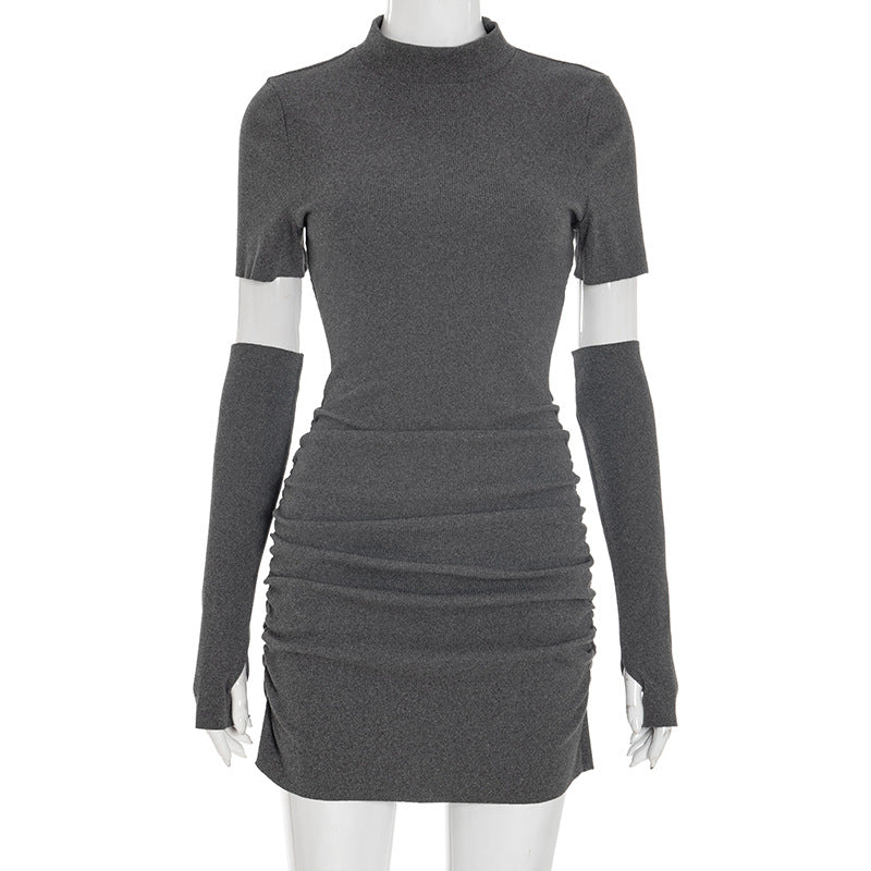 Sleek Mock Neck Ruched Mini Dress with Detached Arm Sleeves - Chic Fall Party & Date Night Essential