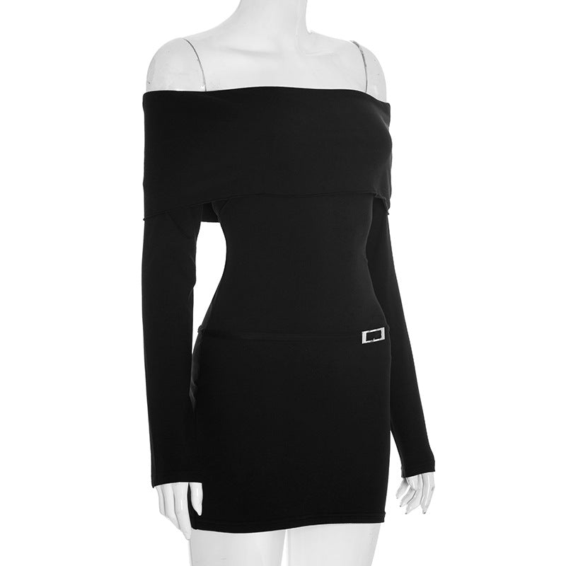 Sultry Black Off-Shoulder Ruched Mini Dress with Modern Buckle – Your Go-To for Fall Nights & Holiday Events