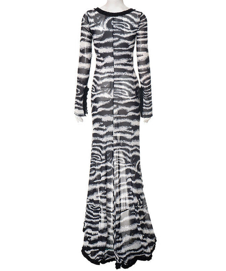 Untamed Glamour: Zebra Print Sheer Cut-Out Maxi Dress - Daring Ruffles & Slit for Fall Parties & Resort Getaways