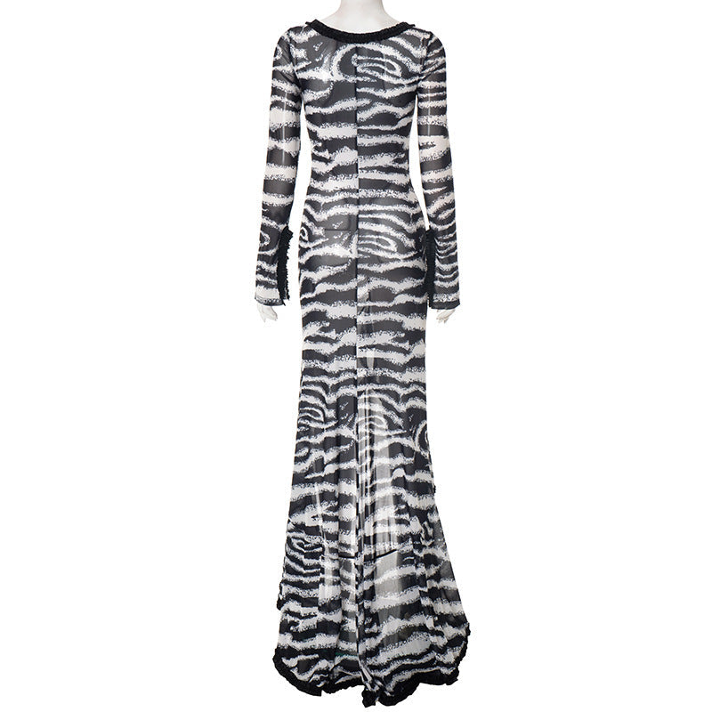 Untamed Glamour: Zebra Print Sheer Cut-Out Maxi Dress - Daring Ruffles & Slit for Fall Parties & Resort Getaways