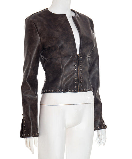 Women's Edgy Studded Faux Leather Cropped Moto Jacket - Fall Statement Piece