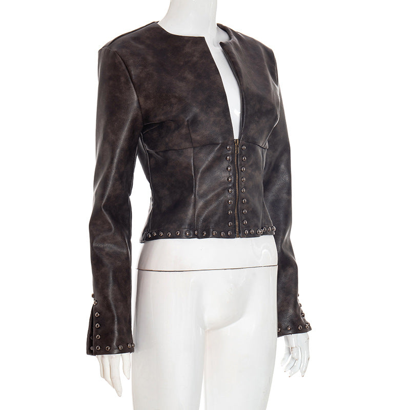 Women's Edgy Studded Faux Leather Cropped Moto Jacket - Fall Statement Piece