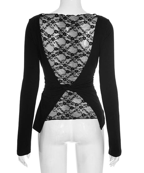 Chic & Cozy: Black Ruched Long Sleeve Top with Delicate Lace Neckline – Perfect for Fall