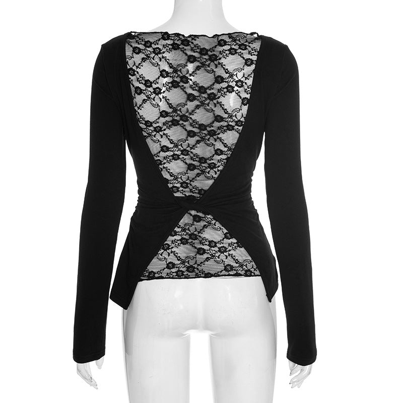Chic & Cozy: Black Ruched Long Sleeve Top with Delicate Lace Neckline – Perfect for Fall