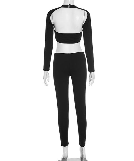 Sultry Black Cut-Out Long Sleeve Bodycon Jumpsuit - Fall & Halloween Party Ready