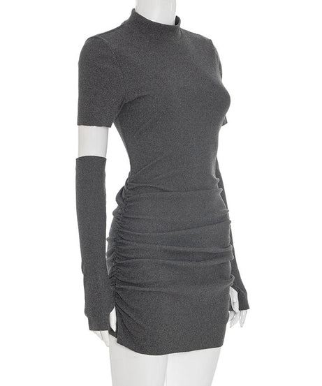 Sleek Mock Neck Ruched Mini Dress with Detached Arm Sleeves - Chic Fall Party & Date Night Essential