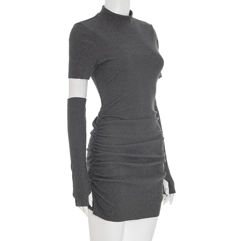 Sleek Mock Neck Ruched Mini Dress with Detached Arm Sleeves - Chic Fall Party & Date Night Essential