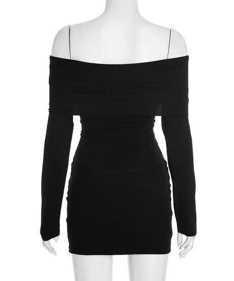 Sultry Black Off-Shoulder Ruched Mini Dress with Modern Buckle – Your Go-To for Fall Nights & Holiday Events