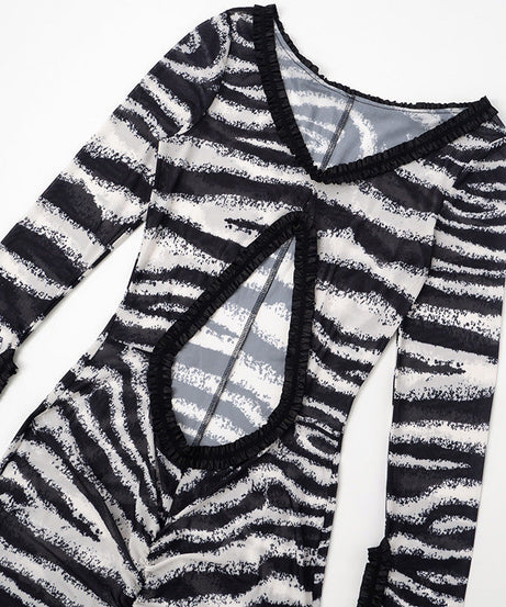 Untamed Glamour: Zebra Print Sheer Cut-Out Maxi Dress - Daring Ruffles & Slit for Fall Parties & Resort Getaways