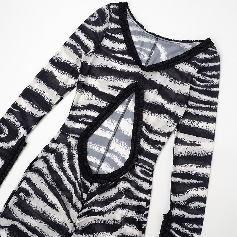 Untamed Glamour: Zebra Print Sheer Cut-Out Maxi Dress - Daring Ruffles & Slit for Fall Parties & Resort Getaways