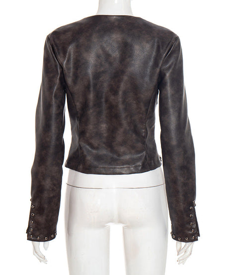 Women's Edgy Studded Faux Leather Cropped Moto Jacket - Fall Statement Piece