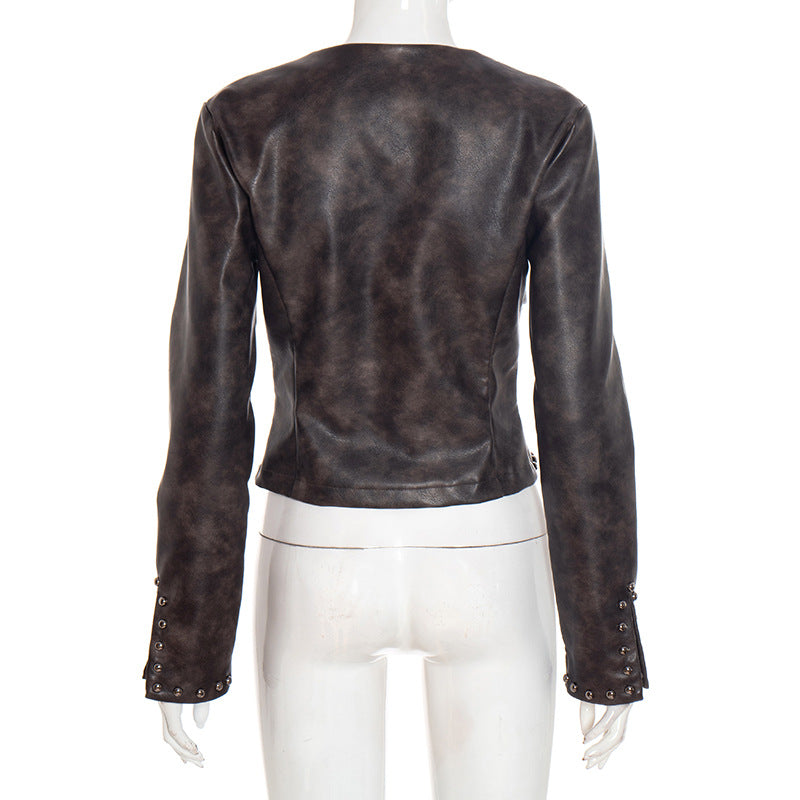 Women's Edgy Studded Faux Leather Cropped Moto Jacket - Fall Statement Piece