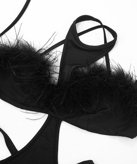 Daring Black Feather Trim Cutout Romper - Slay Your Halloween & Holiday Nights